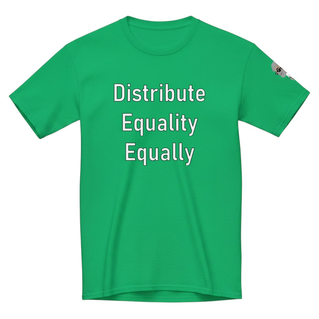 Big Daddy Allen Productions green cotton t-shirt with "Distribute Equality Equally" text graphic.