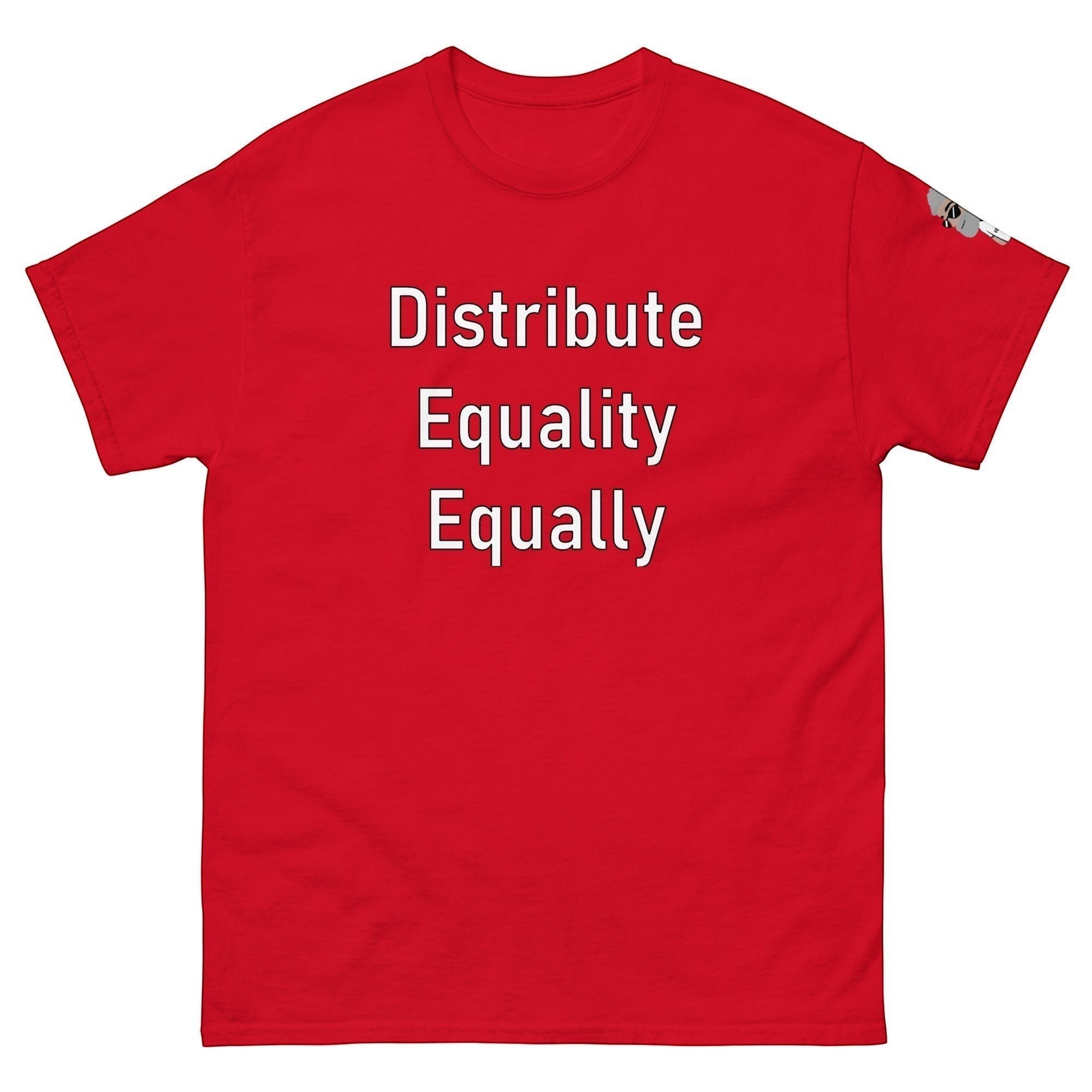 Big Daddy Allen Productions red cotton t-shirt with "Distribute Equality Equally" graphic print.
