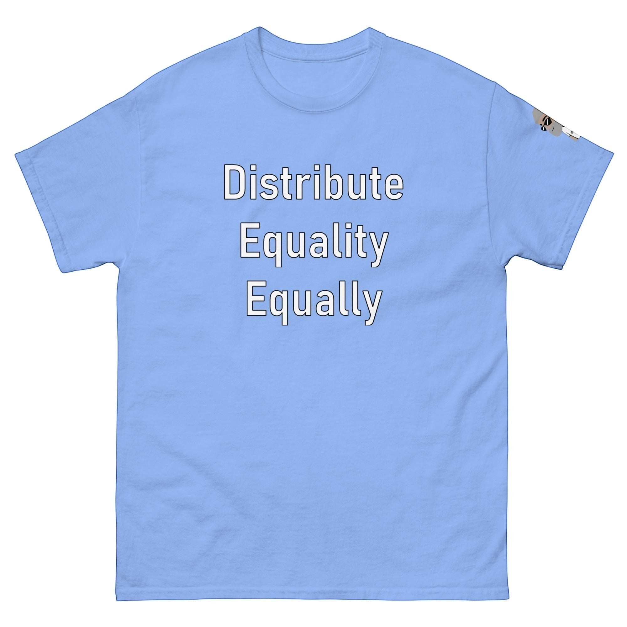 Big Daddy Allen Productions light blue cotton t-shirt with "Distribute Equality Equally" graphic text.