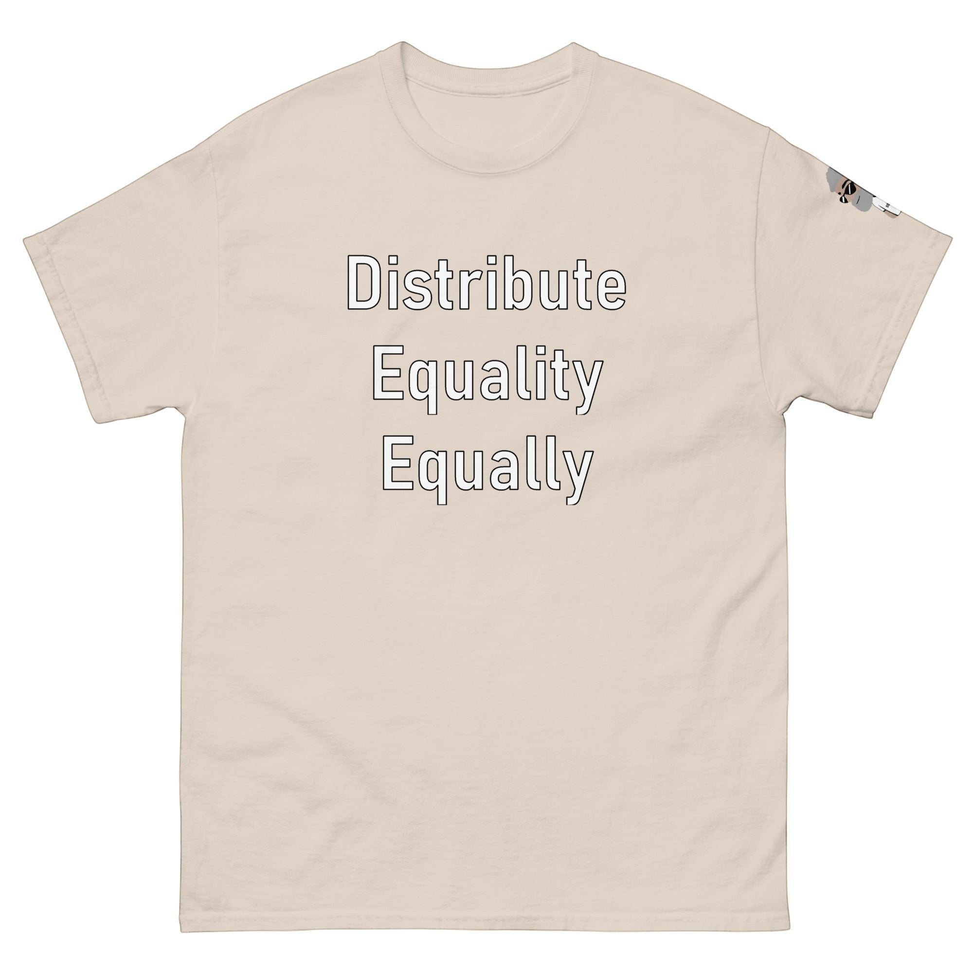 Big Daddy Allen Productions beige cotton t-shirt with "Distribute Equality Equally" graphic print.