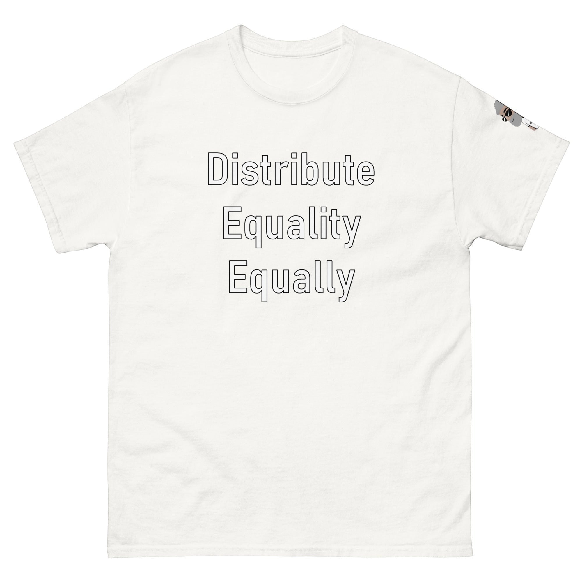 Big Daddy Allen Productions white cotton t-shirt with "Distribute Equality Equally" text graphic.