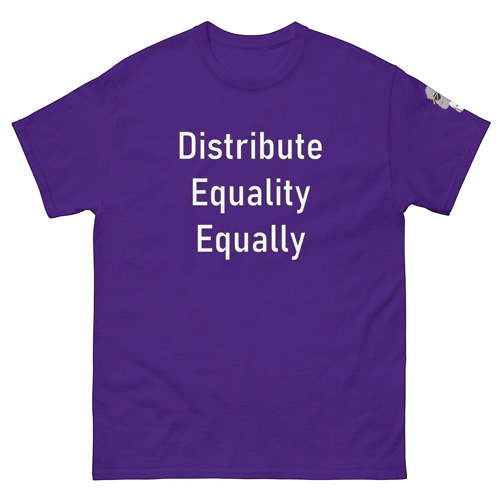 Big Daddy Allen Productions purple cotton t-shirt with white text reading "Distribute Equality Equally".