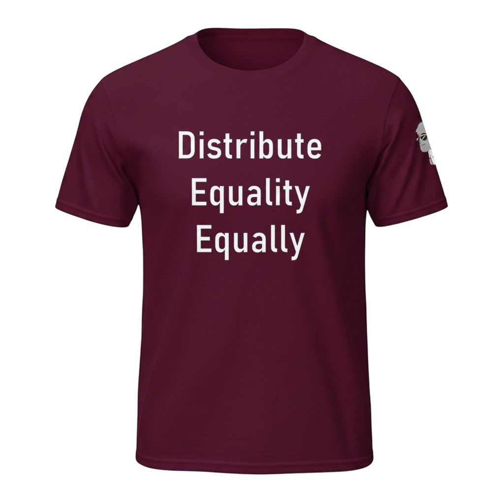Big Daddy Allen Productions Distribute Equality Equally graphic t-shirt in maroon cotton with white text.