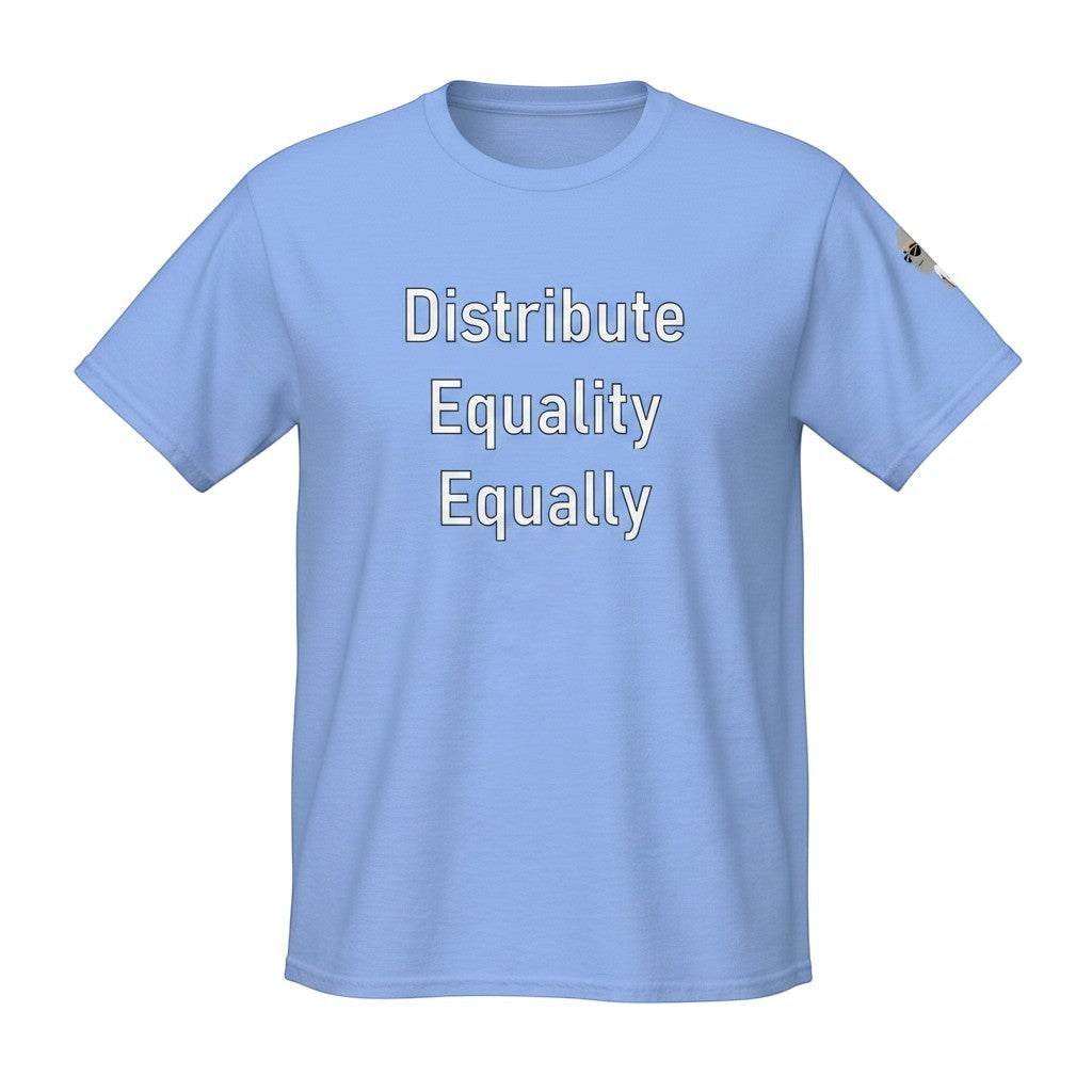 Big Daddy Allen Productions light blue cotton t-shirt with "Distribute Equality Equally" text graphic.
