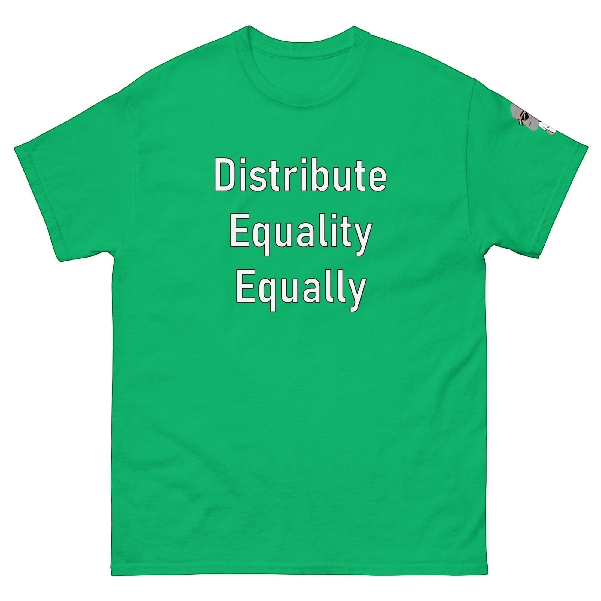 Big Daddy Allen Productions green cotton t-shirt with "Distribute Equality Equally" text graphic.