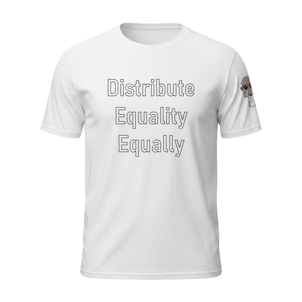 Big Daddy Allen Productions white cotton t-shirt with "Distribute Equality Equally" graphic print.