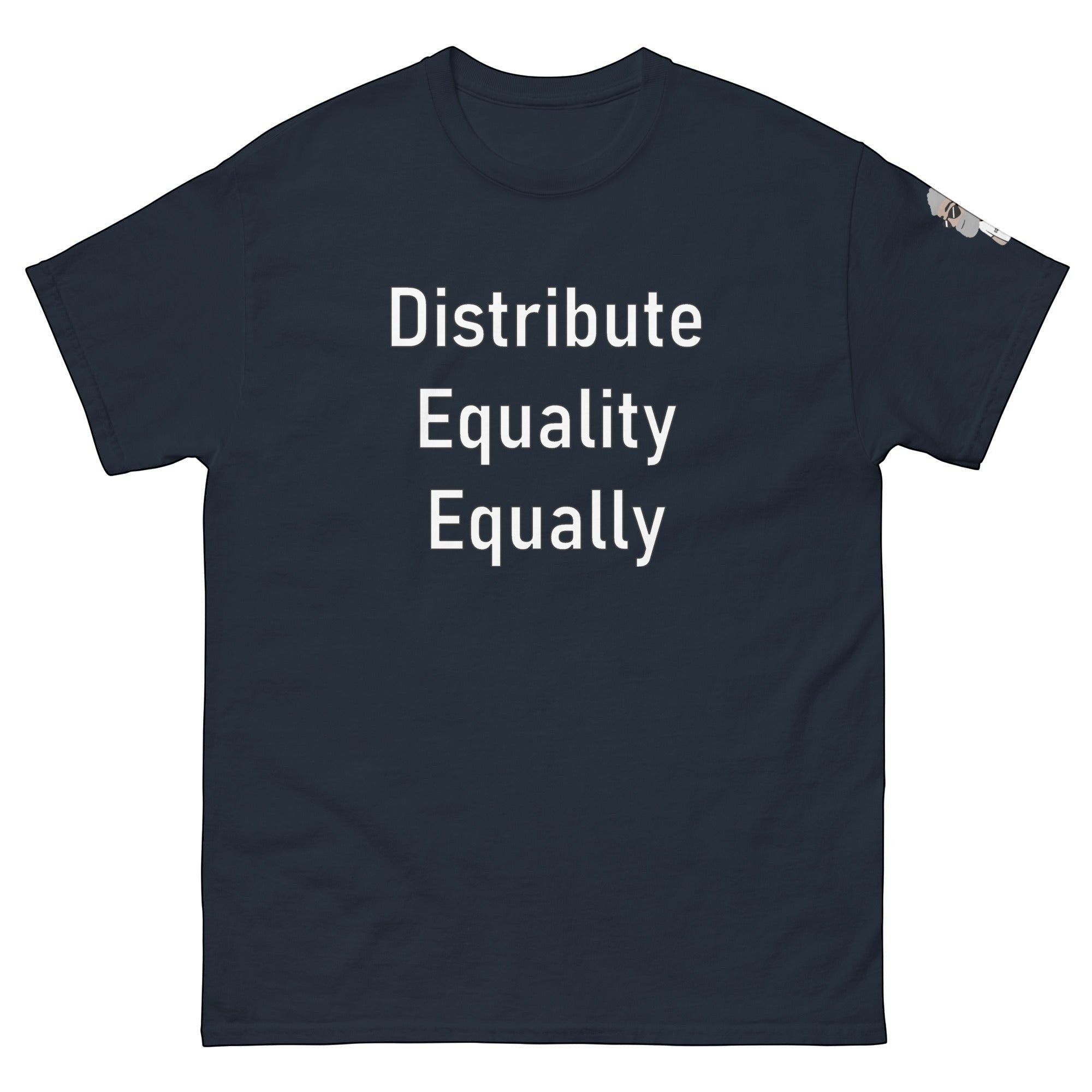Big Daddy Allen Productions navy blue cotton t-shirt with white text reading "Distribute Equality Equally".