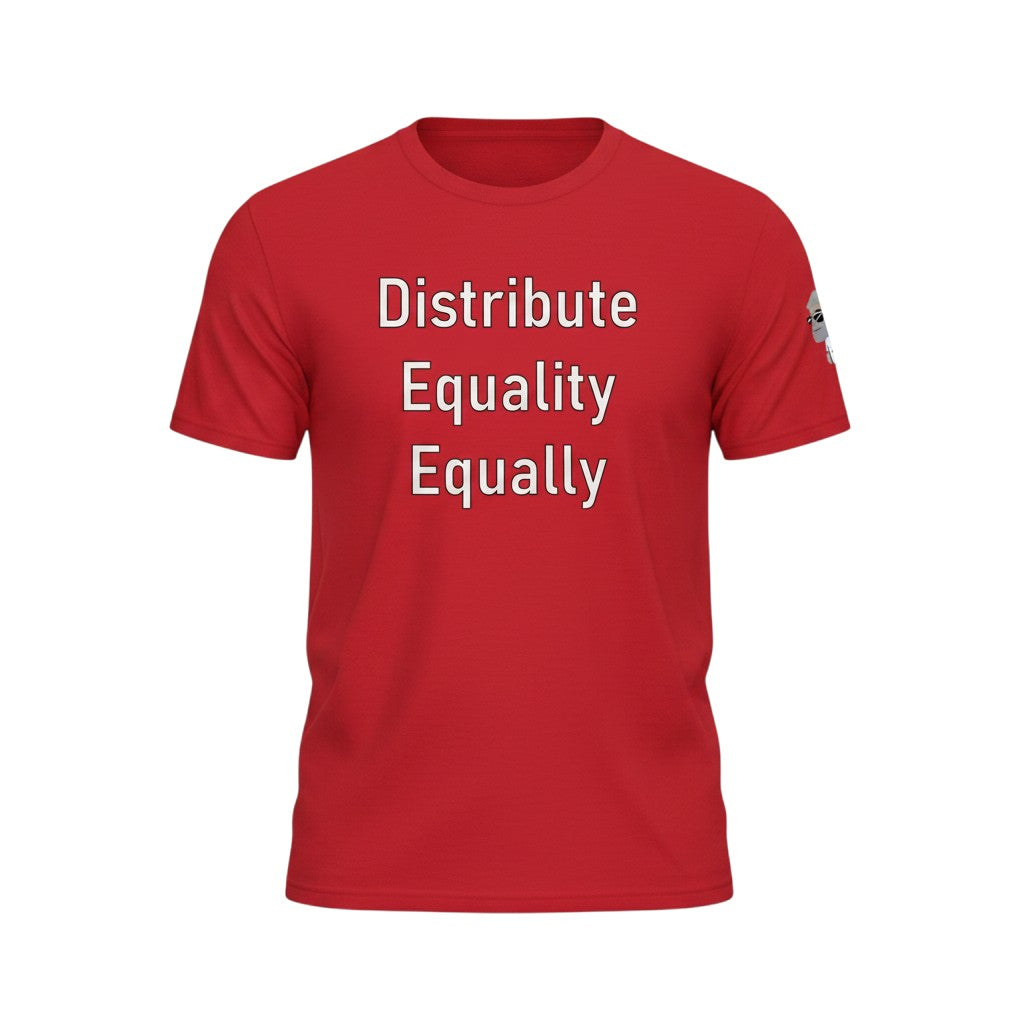 Big Daddy Allen Productions red cotton t-shirt with "Distribute Equality Equally" graphic print.