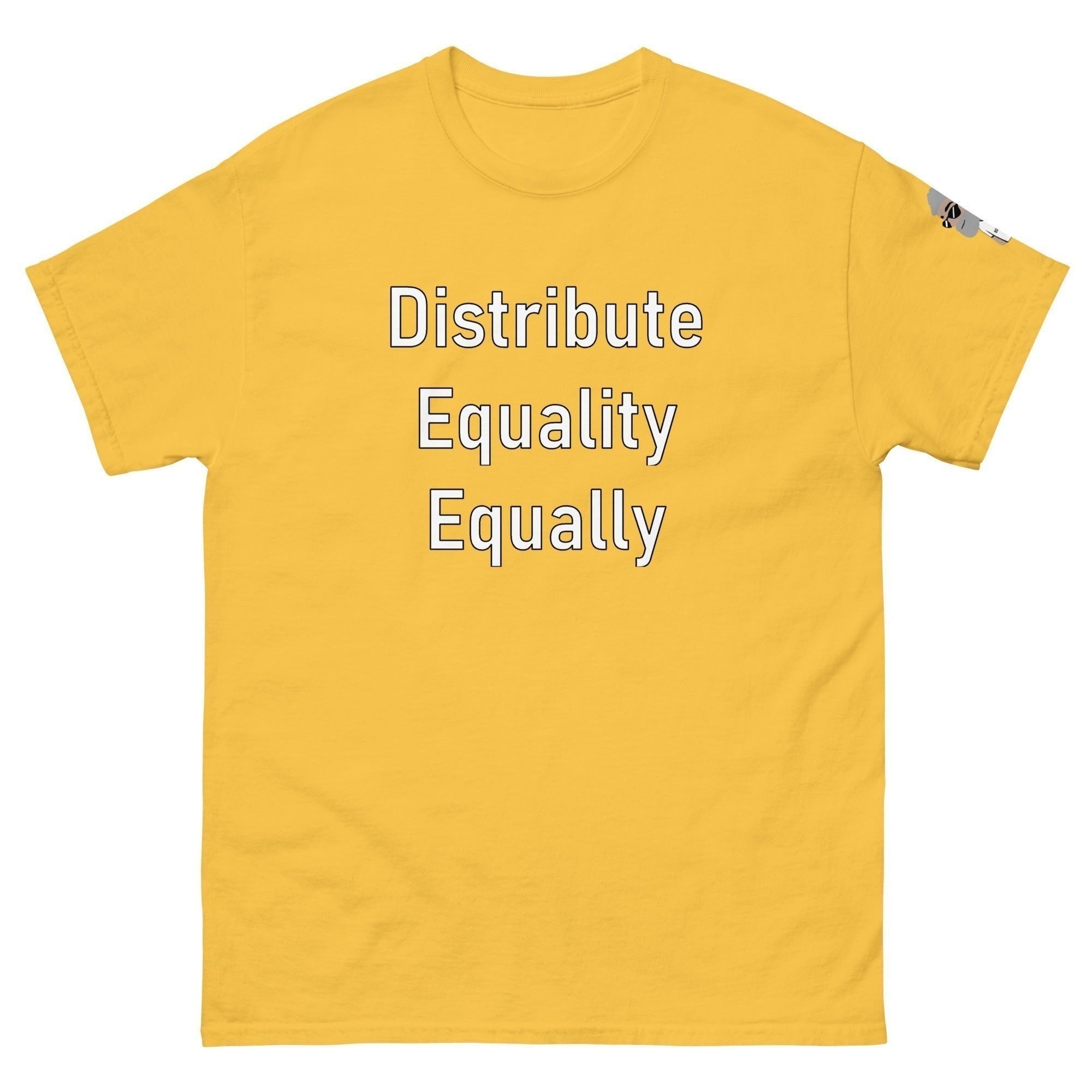 Big Daddy Allen Productions yellow cotton t-shirt with "Distribute Equality Equally" graphic print.