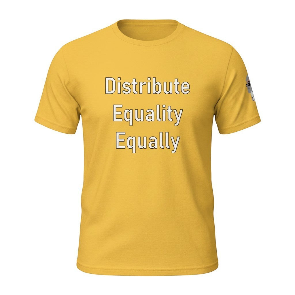 Big Daddy Allen Productions yellow cotton t-shirt with "Distribute Equality Equally" graphic print.