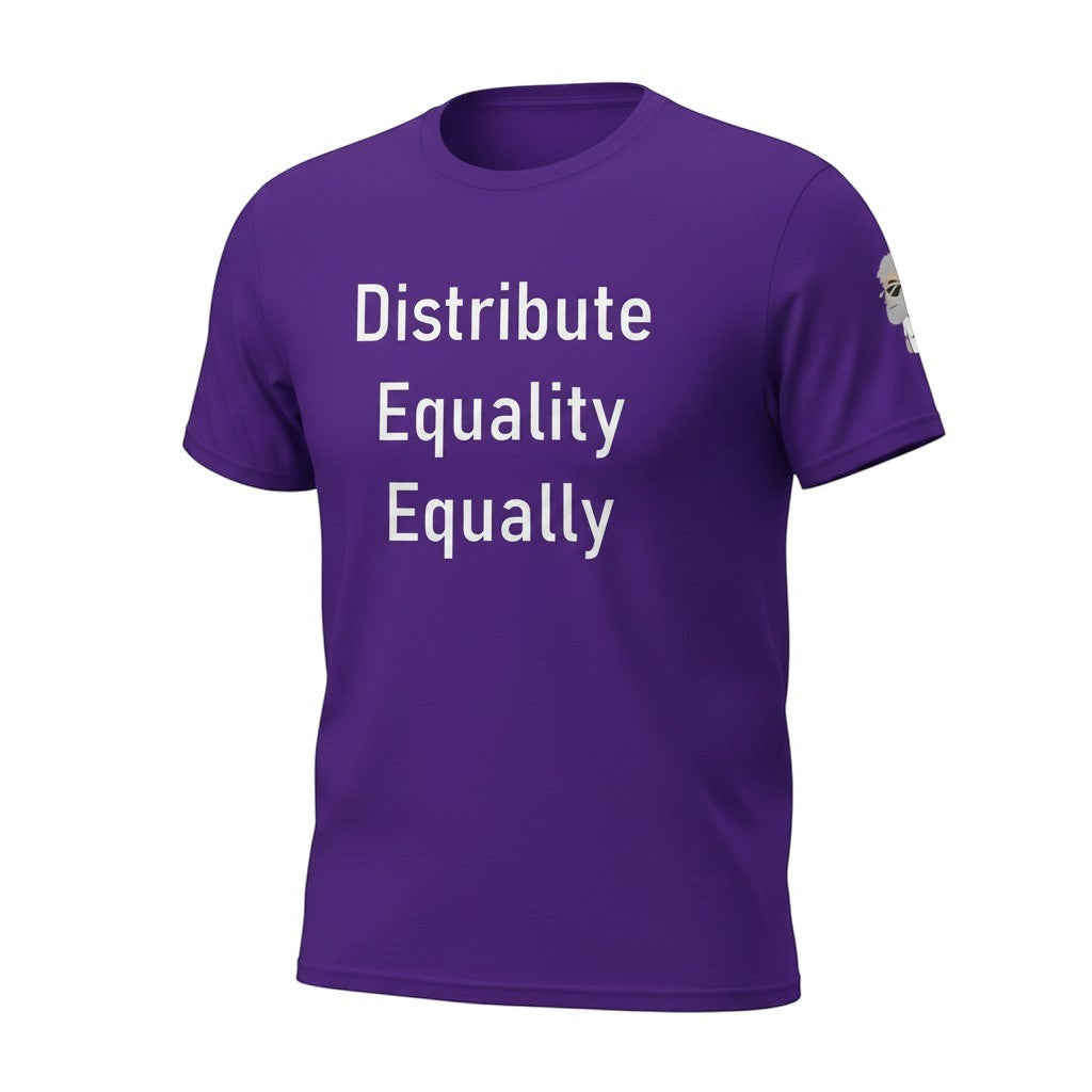 Big Daddy Allen Productions purple cotton t-shirt with "Distribute Equality Equally" graphic print.