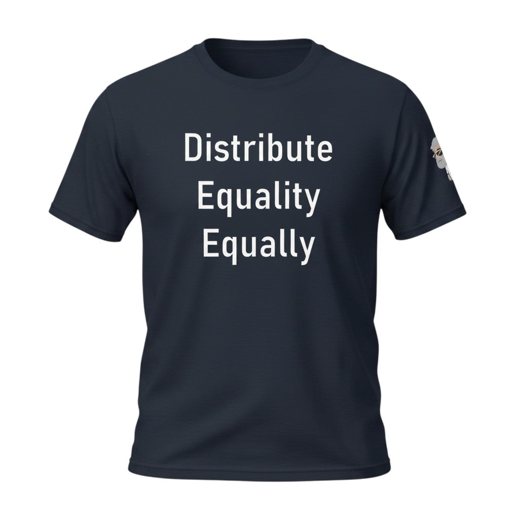 Big Daddy Allen Productions navy blue cotton t-shirt with white text "Distribute Equality Equally" and a small graphic on the sleeve.