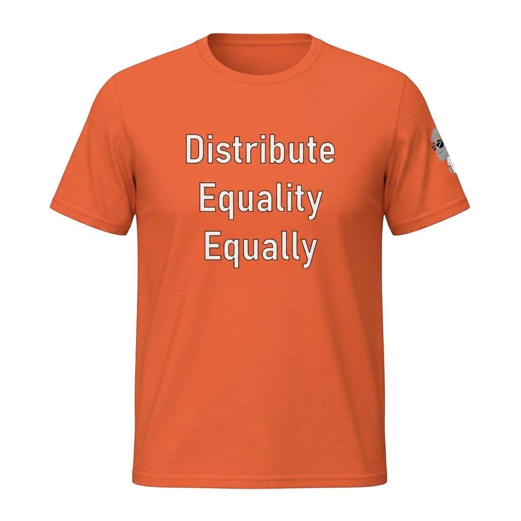 Big Daddy Allen Productions orange cotton t-shirt with "Distribute Equality Equally" graphic print.