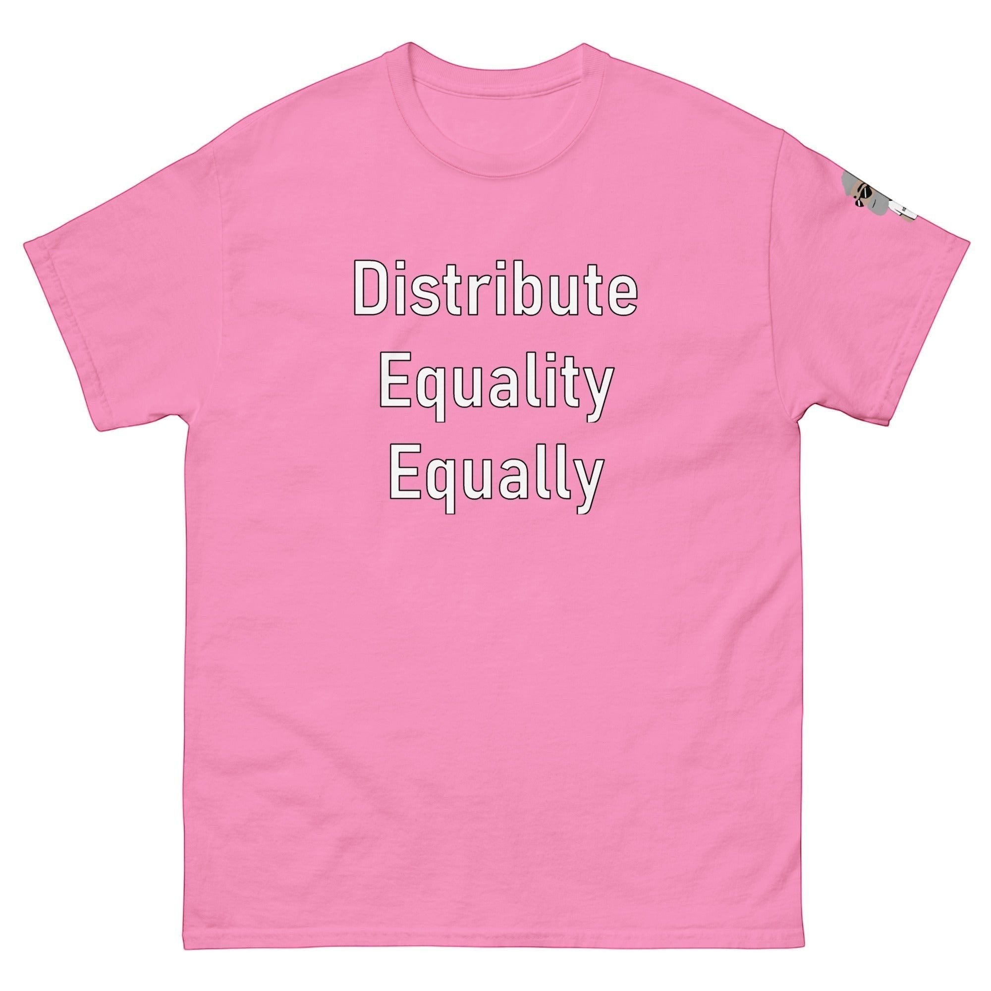Big Daddy Allen Productions pink cotton t-shirt with "Distribute Equality Equally" graphic print.