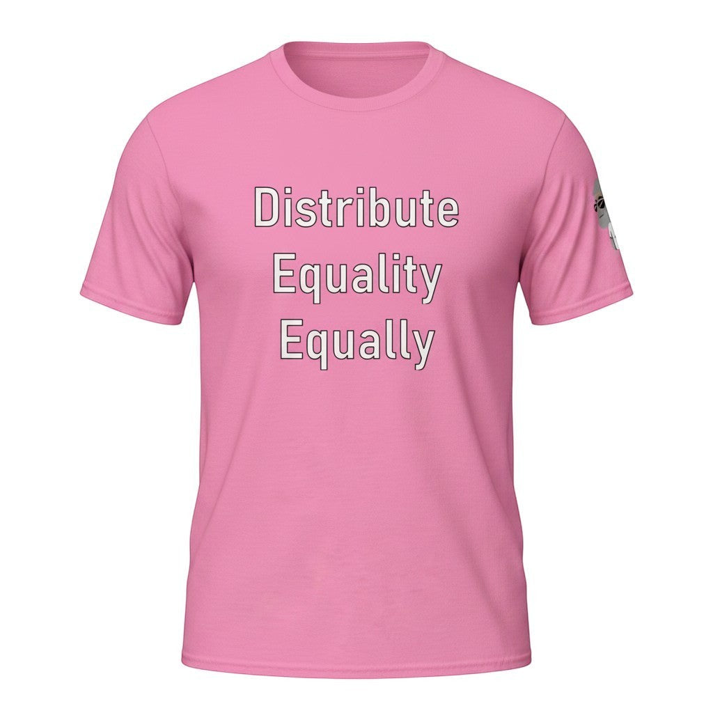 Big Daddy Allen Productions pink cotton t-shirt with "Distribute Equality Equally" text graphic. Short sleeves, crew neck.