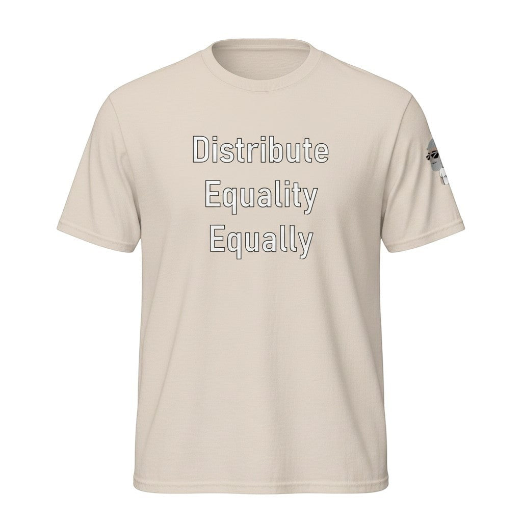 Big Daddy Allen Productions Distribute Equality Equally graphic t-shirt in beige cotton with bold text.