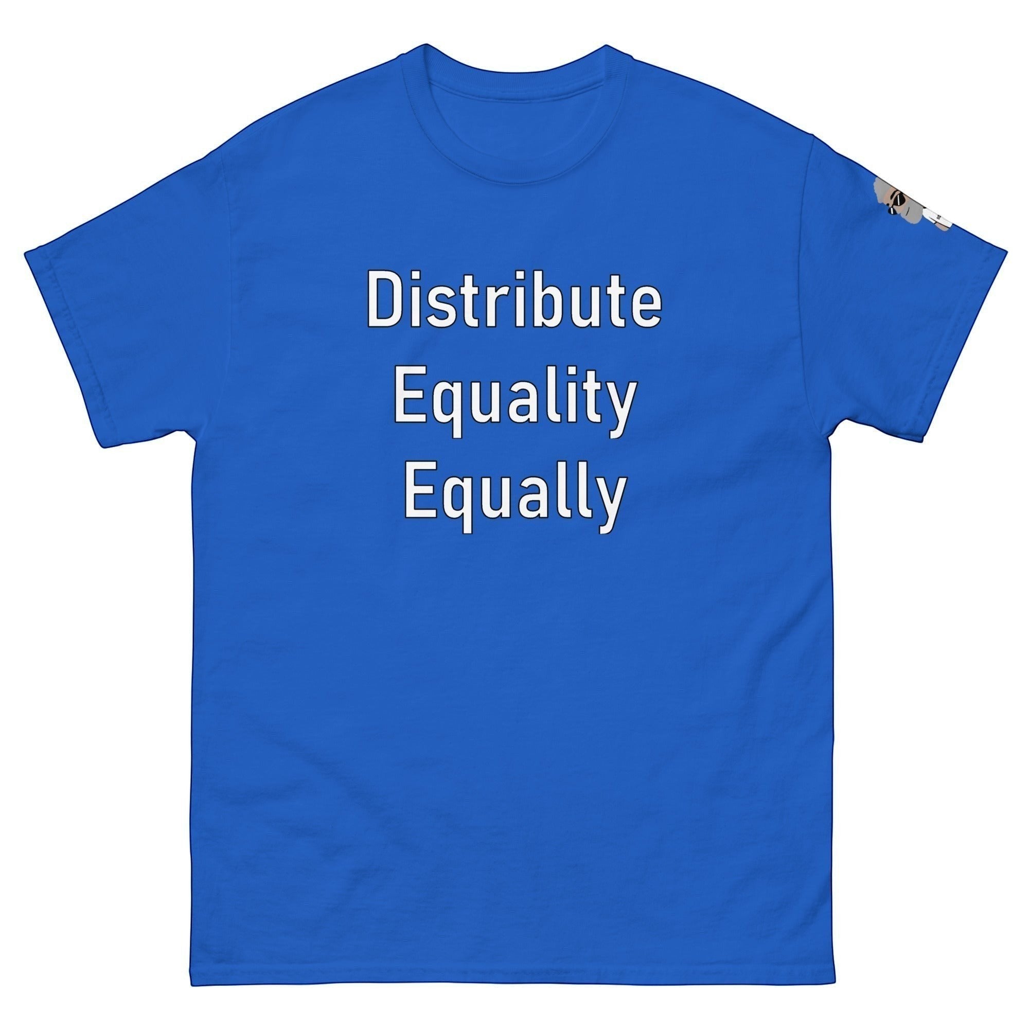 Big Daddy Allen Productions blue cotton t-shirt with "Distribute Equality Equally" text graphic.