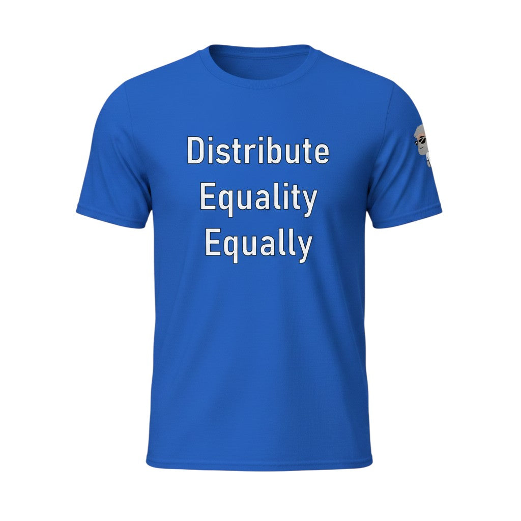 Big Daddy Allen Productions royal blue cotton t-shirt with "Distribute Equality Equally" printed in white text.