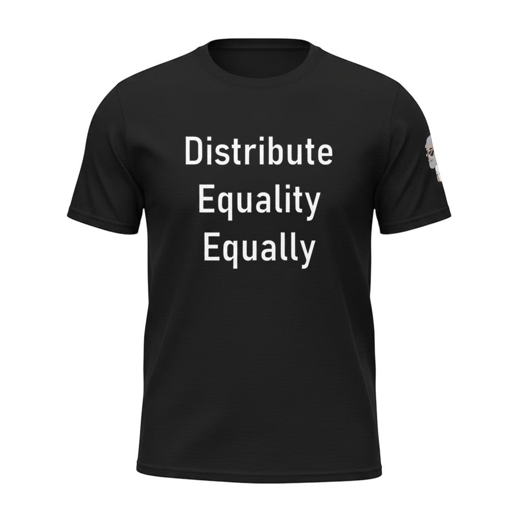 Big Daddy Allen Productions black cotton t-shirt with white text "Distribute Equality Equally"