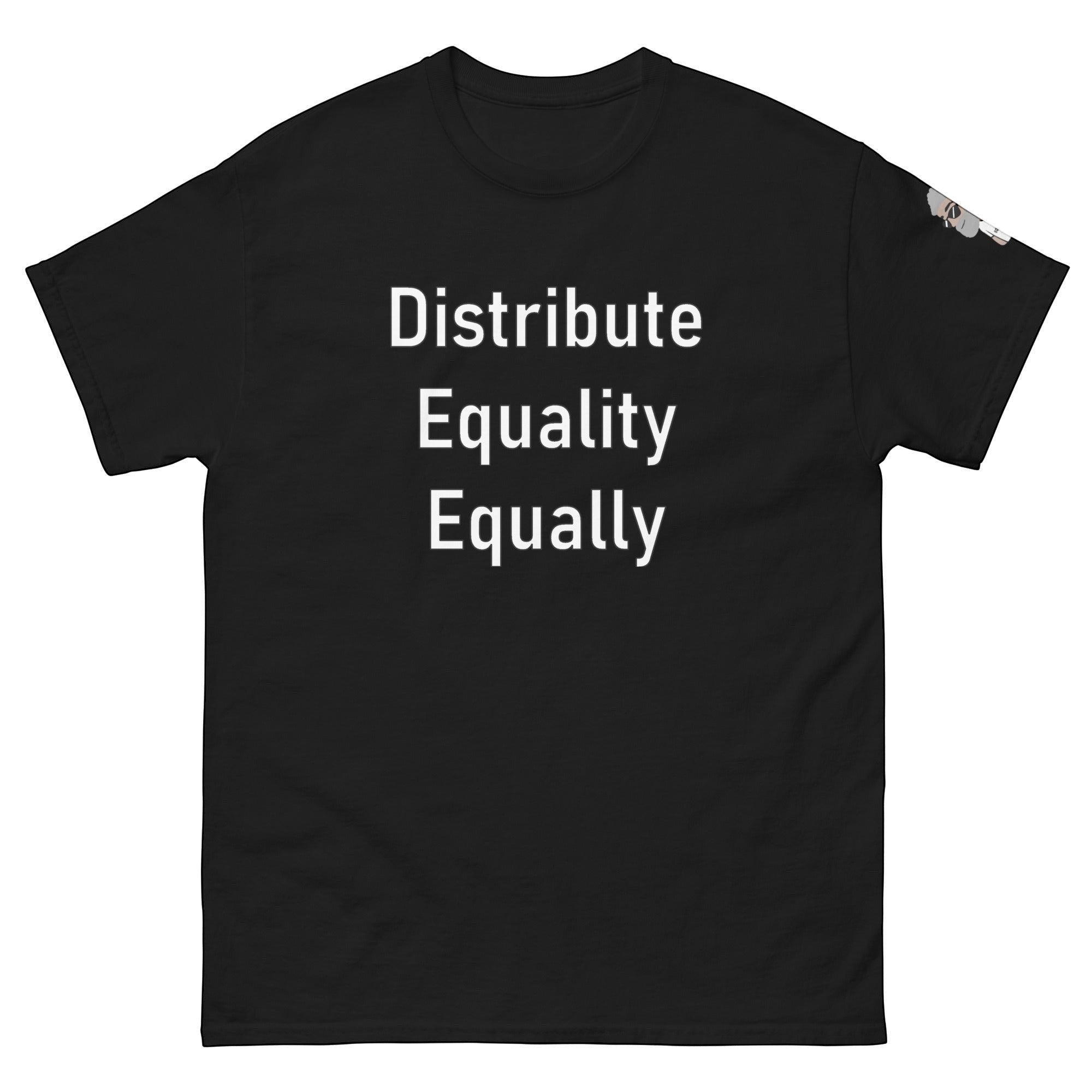 Big Daddy Allen Productions black cotton t-shirt with white text reading "Distribute Equality Equally".
