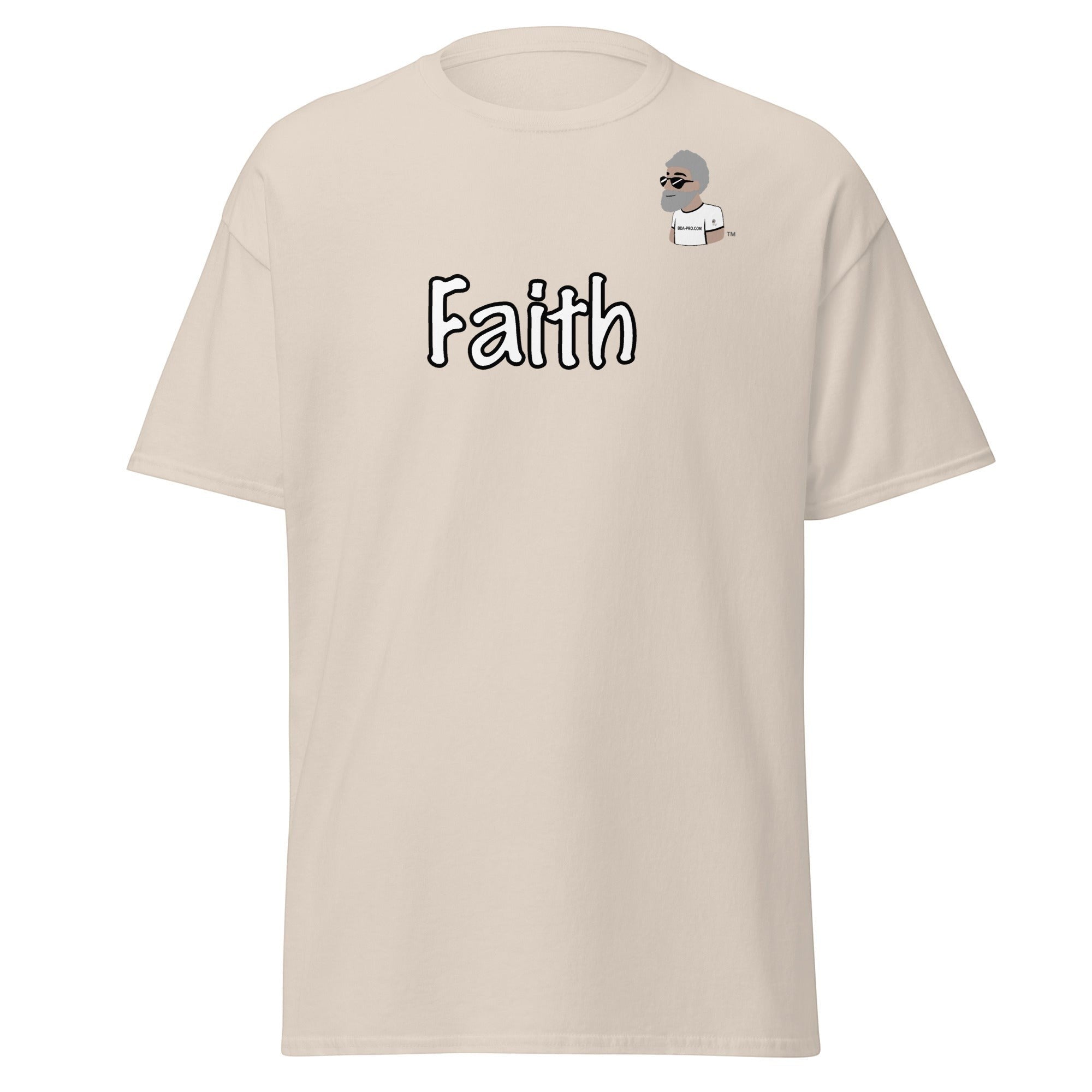 Big Daddy Allen Productions beige cotton t-shirt with black "Faith" graphic and BDA logo.