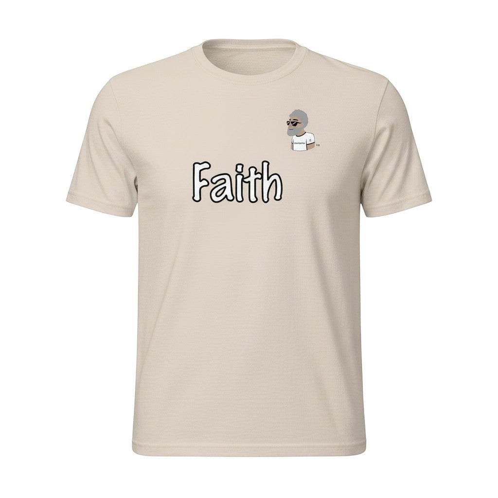 Big Daddy Allen Productions beige cotton t-shirt with "Faith" graphic and BDA logo on chest.