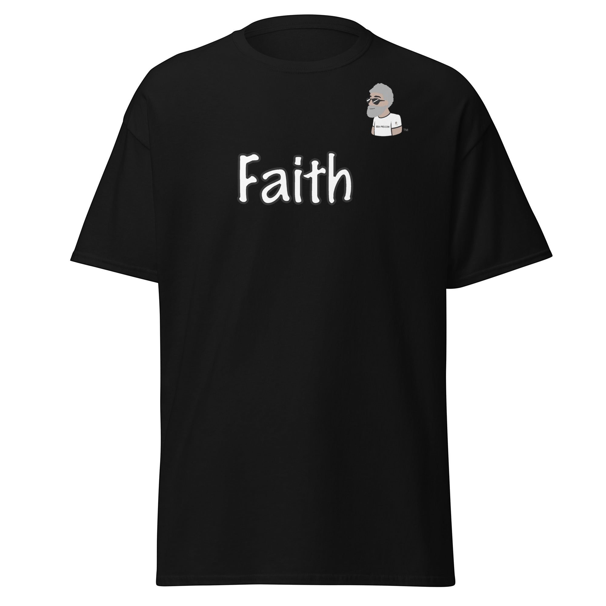 Big Daddy Allen Productions black cotton t-shirt with white "Faith" graphic and BDA logo.