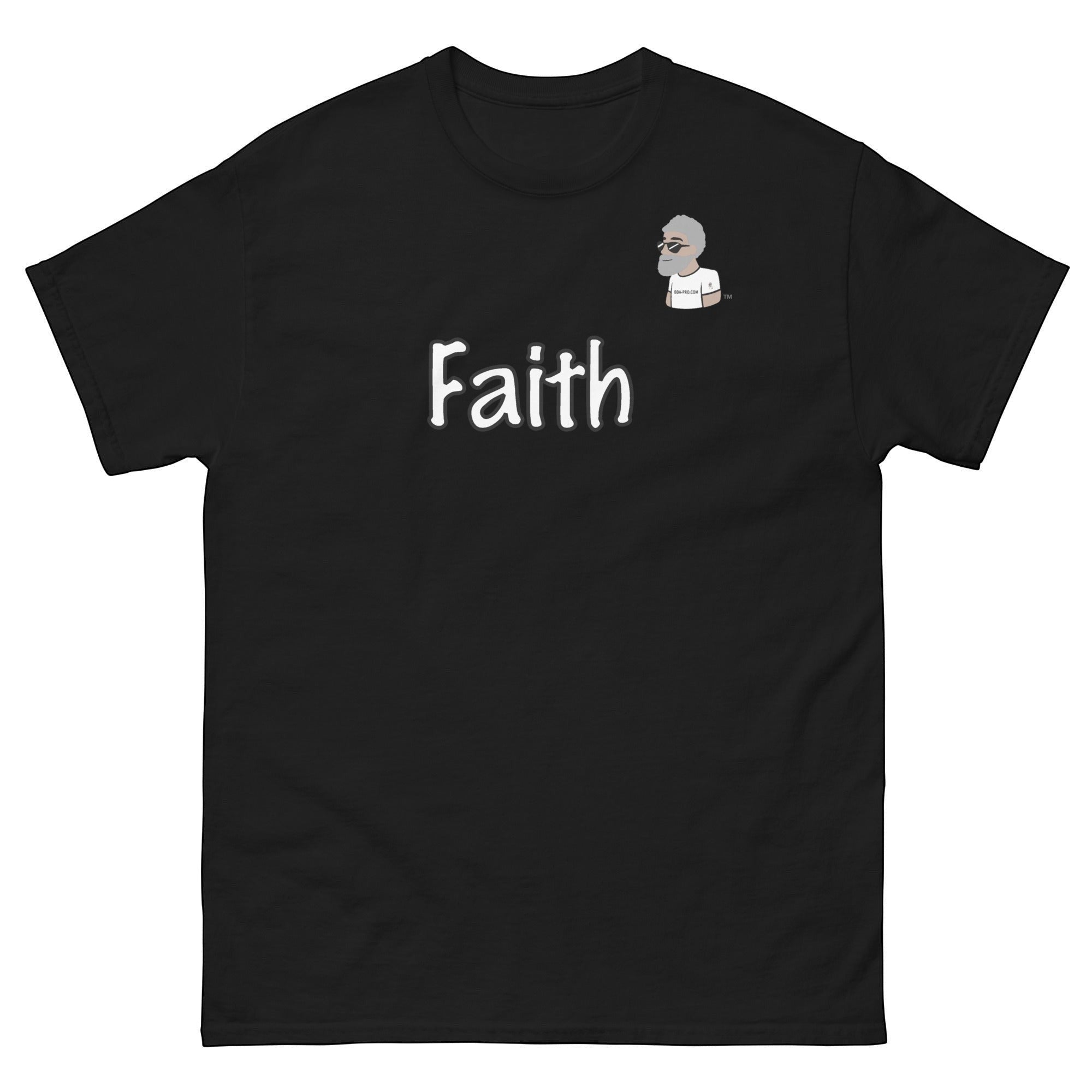 Big Daddy Allen Productions black cotton t-shirt with white "Faith" graphic and BDA logo. Crew neck, short sleeves.