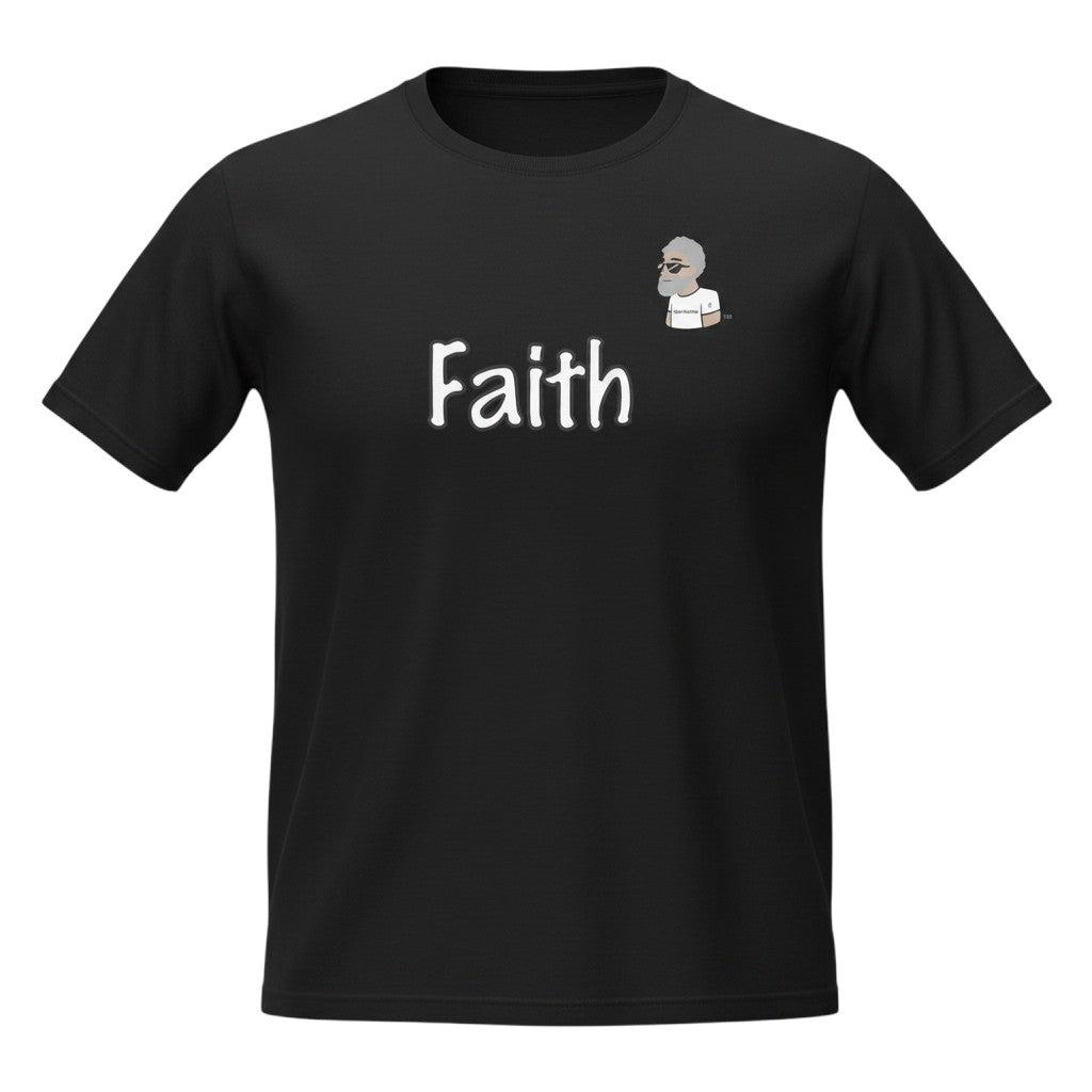 Big Daddy Allen Productions black cotton t-shirt with white "Faith" graphic and BDA logo.