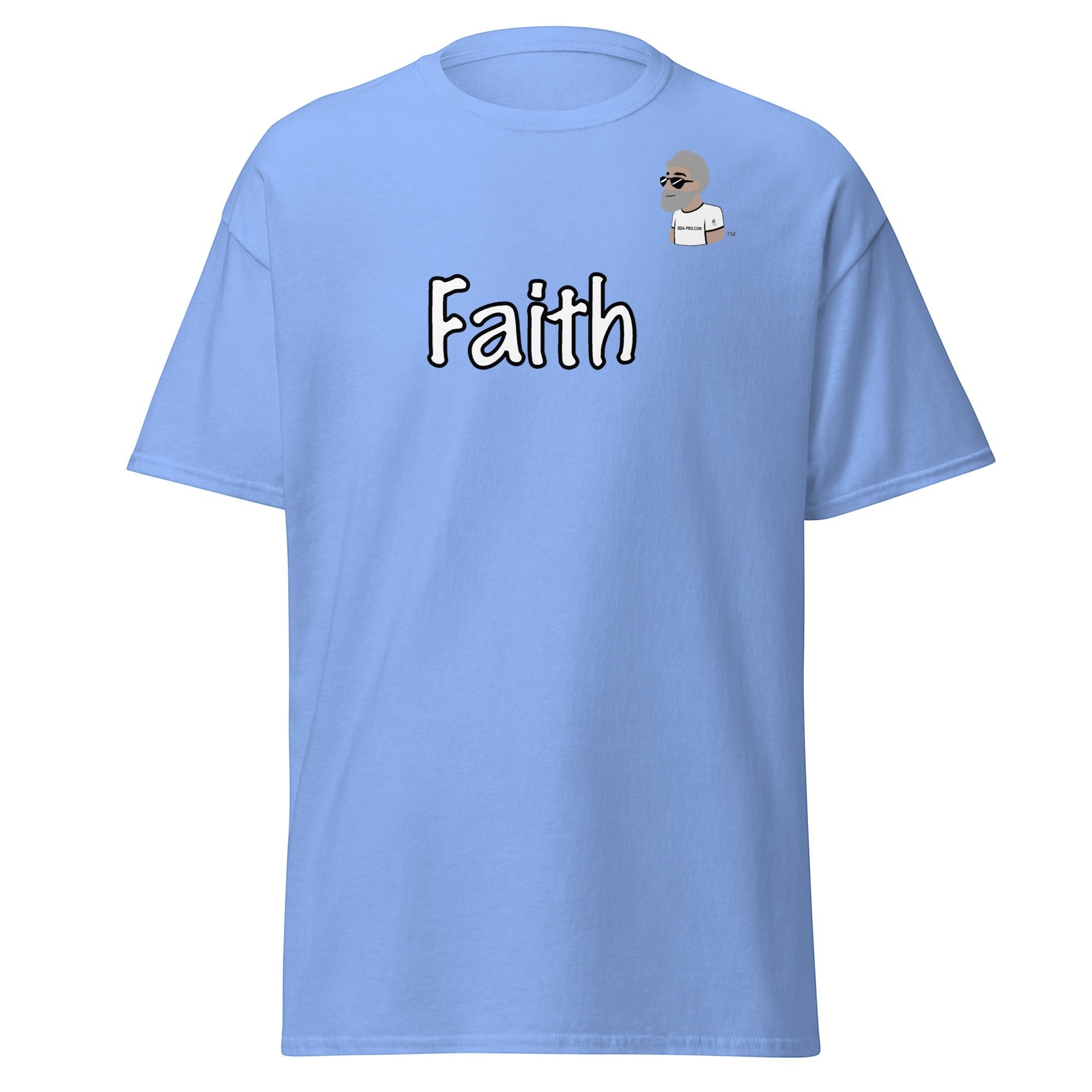 Big Daddy Allen Productions light blue cotton t-shirt with "Faith" graphic and BDA logo.