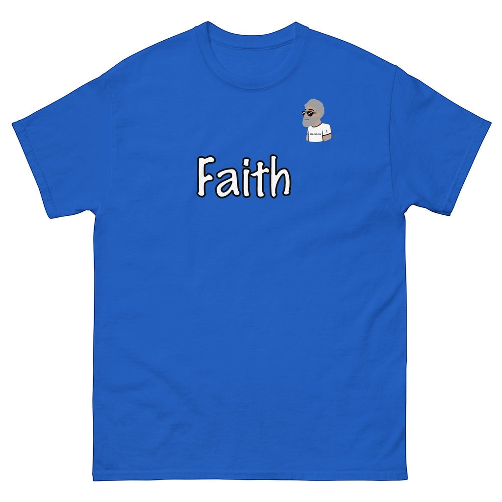 Big Daddy Allen Productions blue cotton t-shirt with "Faith" graphic and BDA logo.