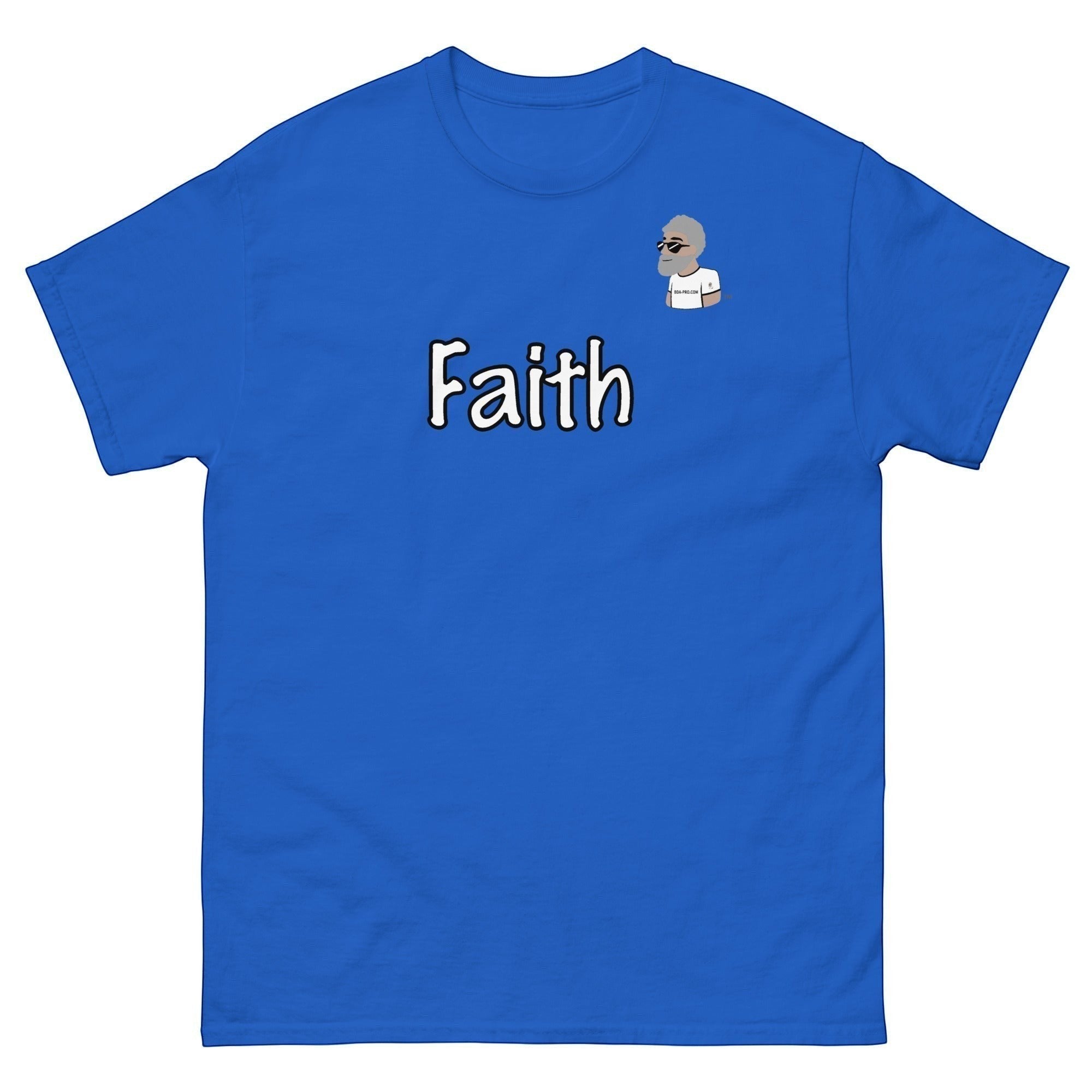 Big Daddy Allen Productions blue cotton t-shirt with "Faith" graphic and BDA logo.