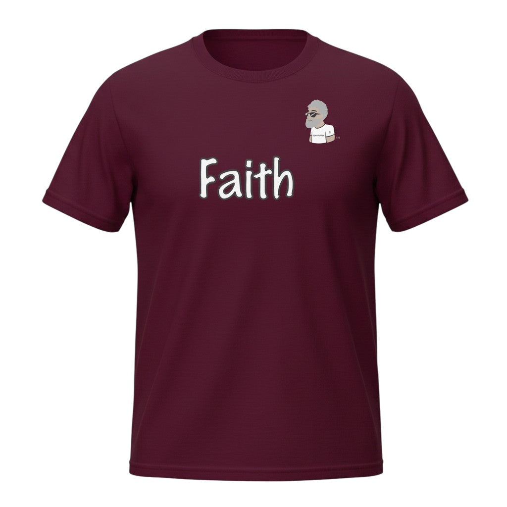Big Daddy Allen Productions burgundy cotton t-shirt with "Faith" graphic and BDA logo on chest.