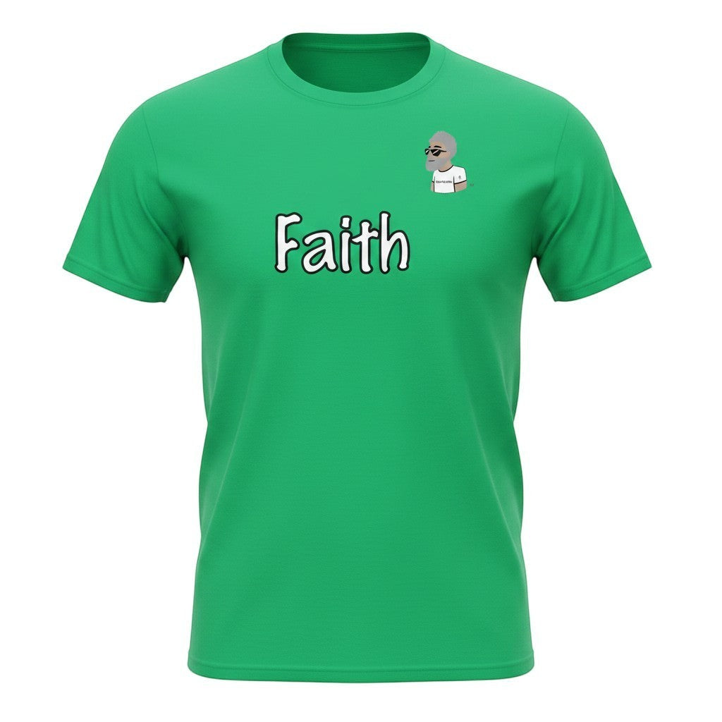 Big Daddy Allen Productions green cotton t-shirt with "Faith" graphic and BDA logo on chest.