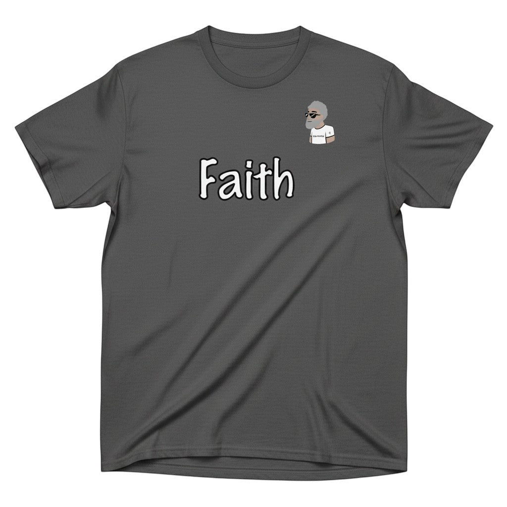 Big Daddy Allen Productions grey cotton t-shirt with "Faith" graphic and BDA logo on chest.