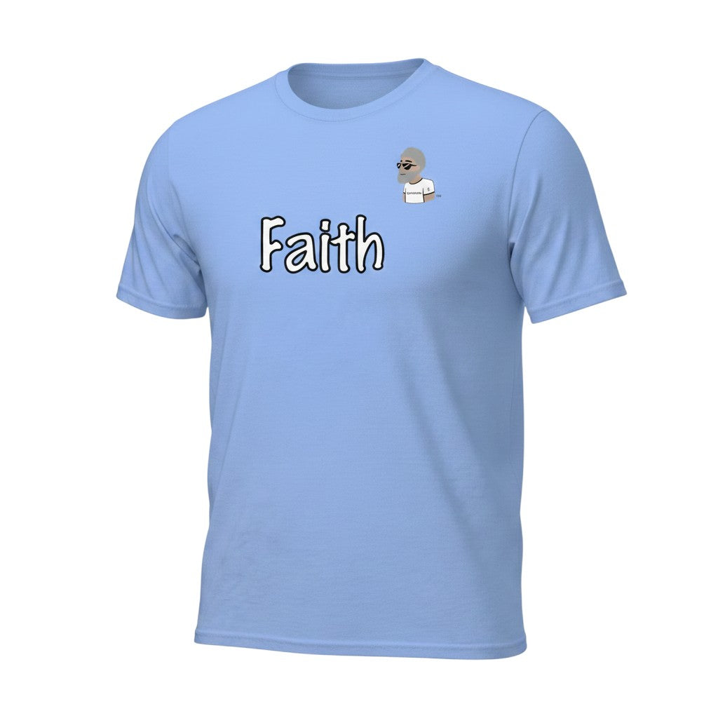 Big Daddy Allen Productions light blue cotton t-shirt with "Faith" graphic and BDA logo on chest.