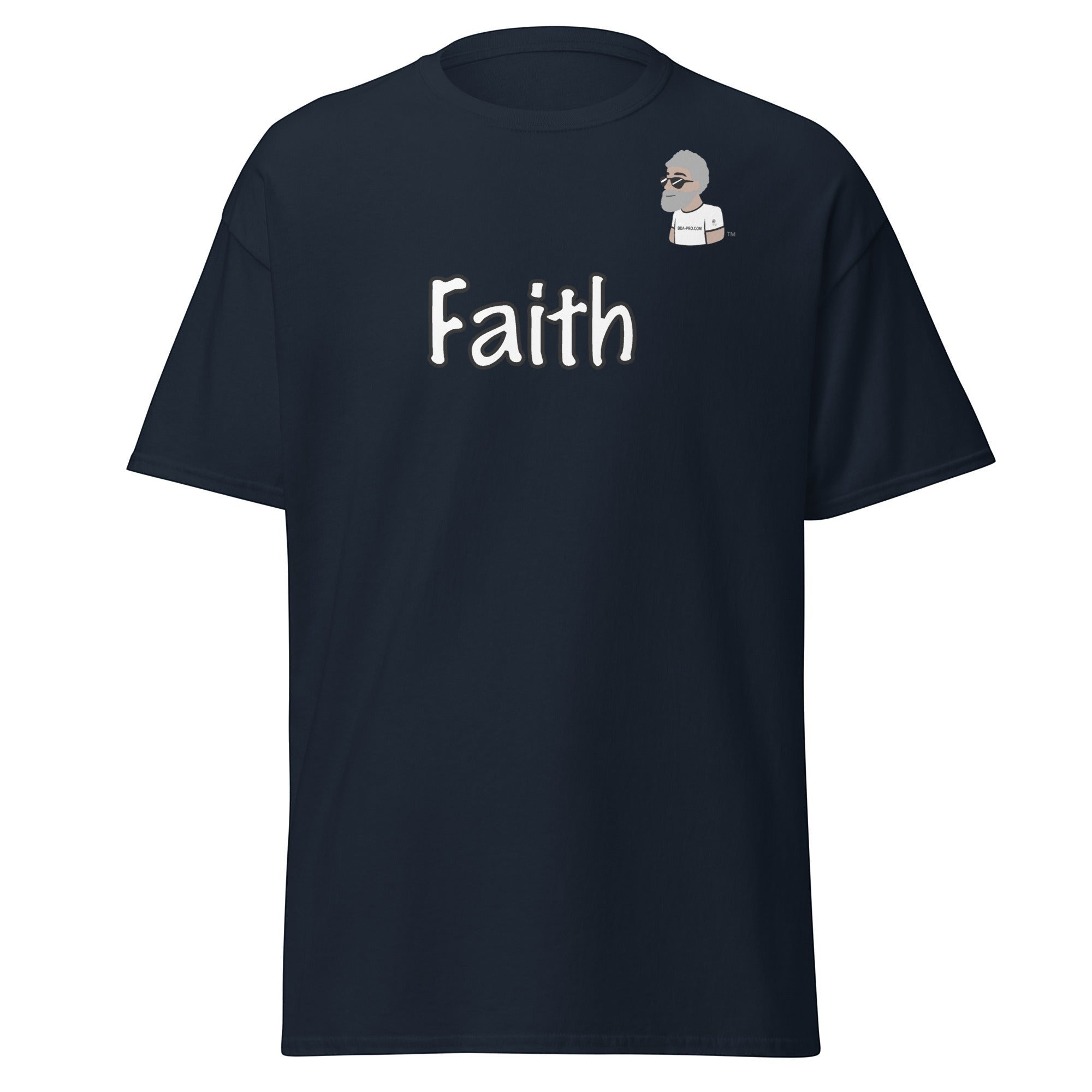 Big Daddy Allen Productions navy blue cotton t-shirt with white "Faith" graphic and small BDA logo.