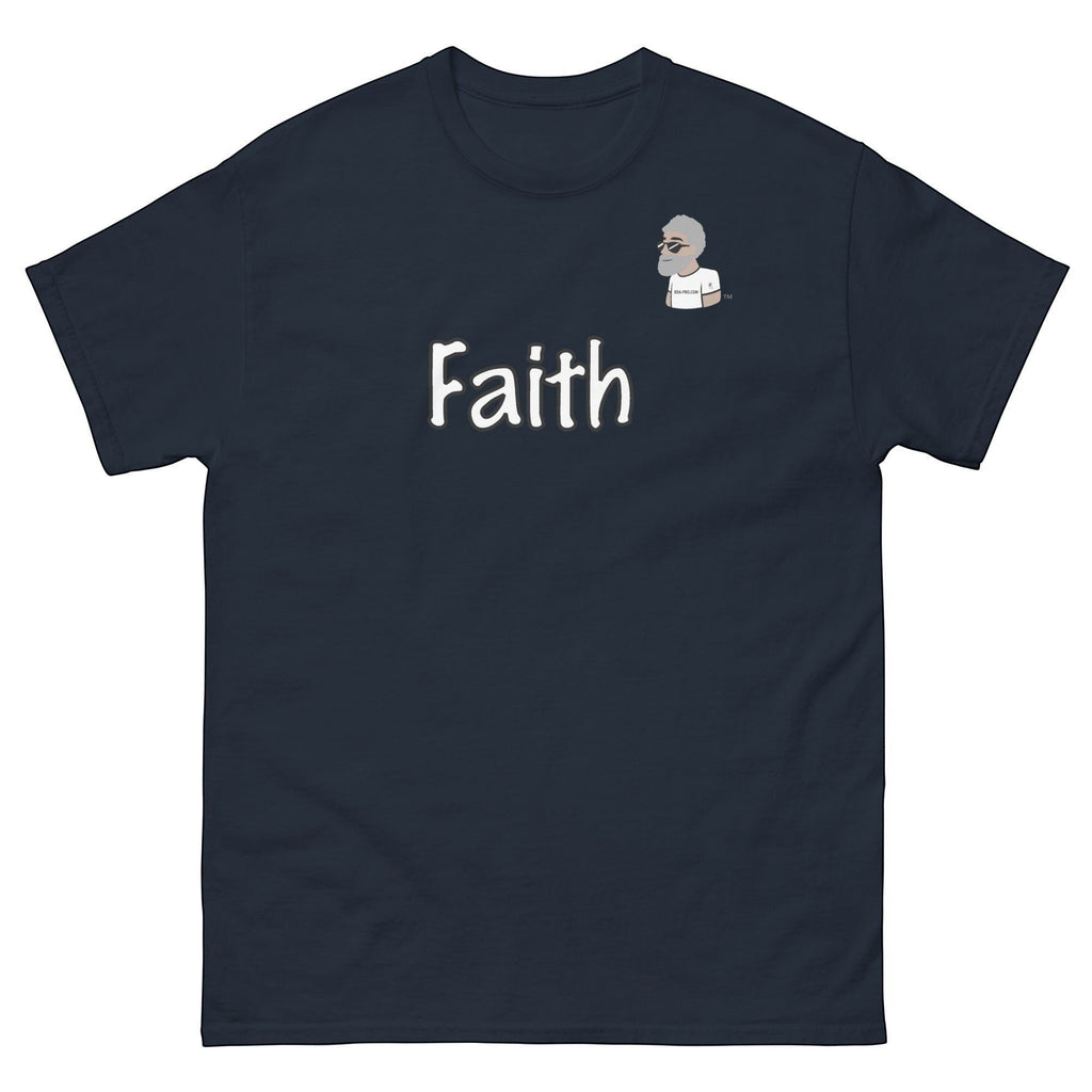 Big Daddy Allen Productions navy cotton t-shirt with white "Faith" graphic and BDA logo.
