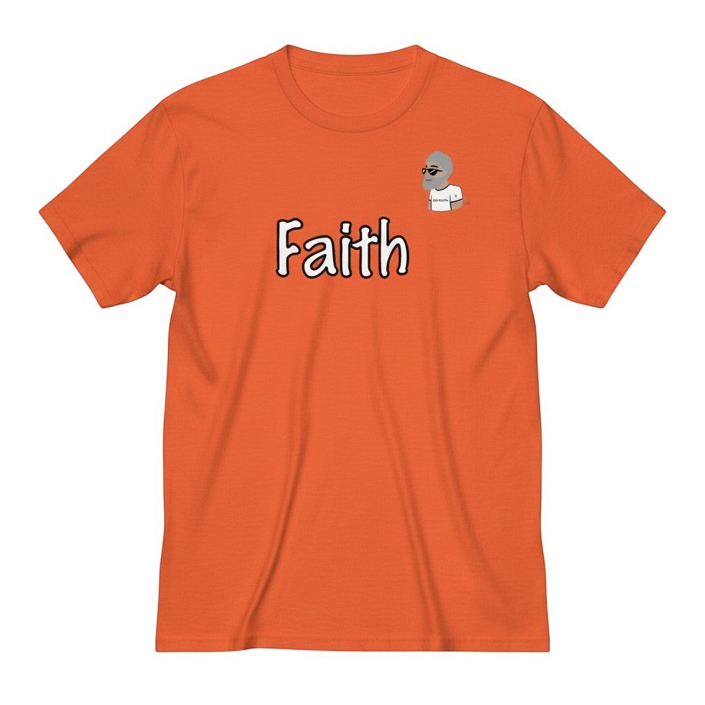 Big Daddy Allen Productions orange cotton t-shirt with "Faith" graphic and BDA logo on chest.