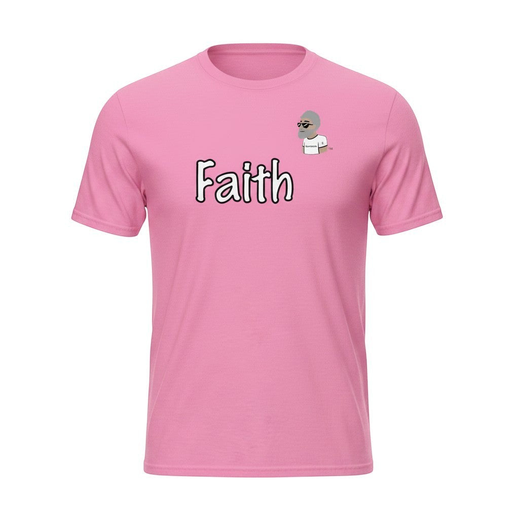 Big Daddy Allen Productions pink cotton t-shirt with "Faith" graphic and BDA logo on chest.