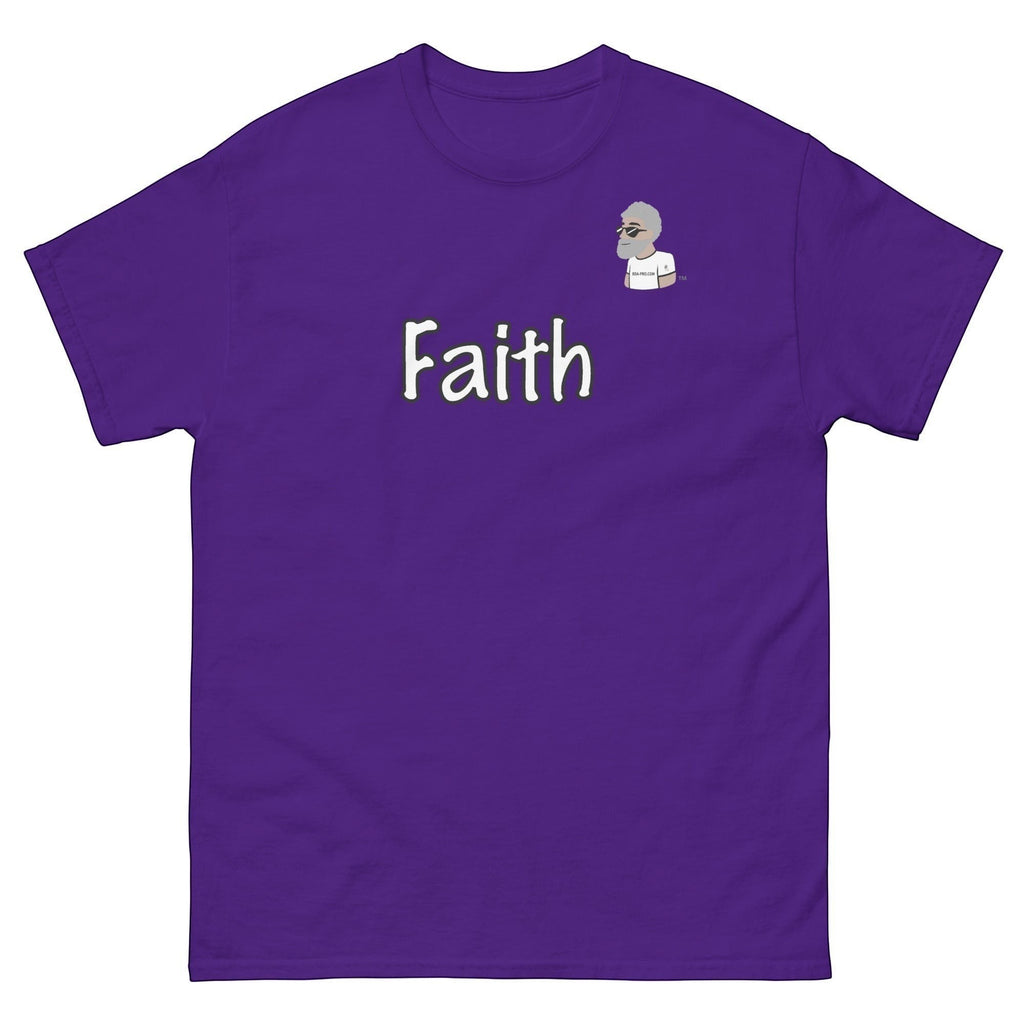 Big Daddy Allen Productions purple cotton t-shirt with "Faith" graphic and BDA logo on chest.