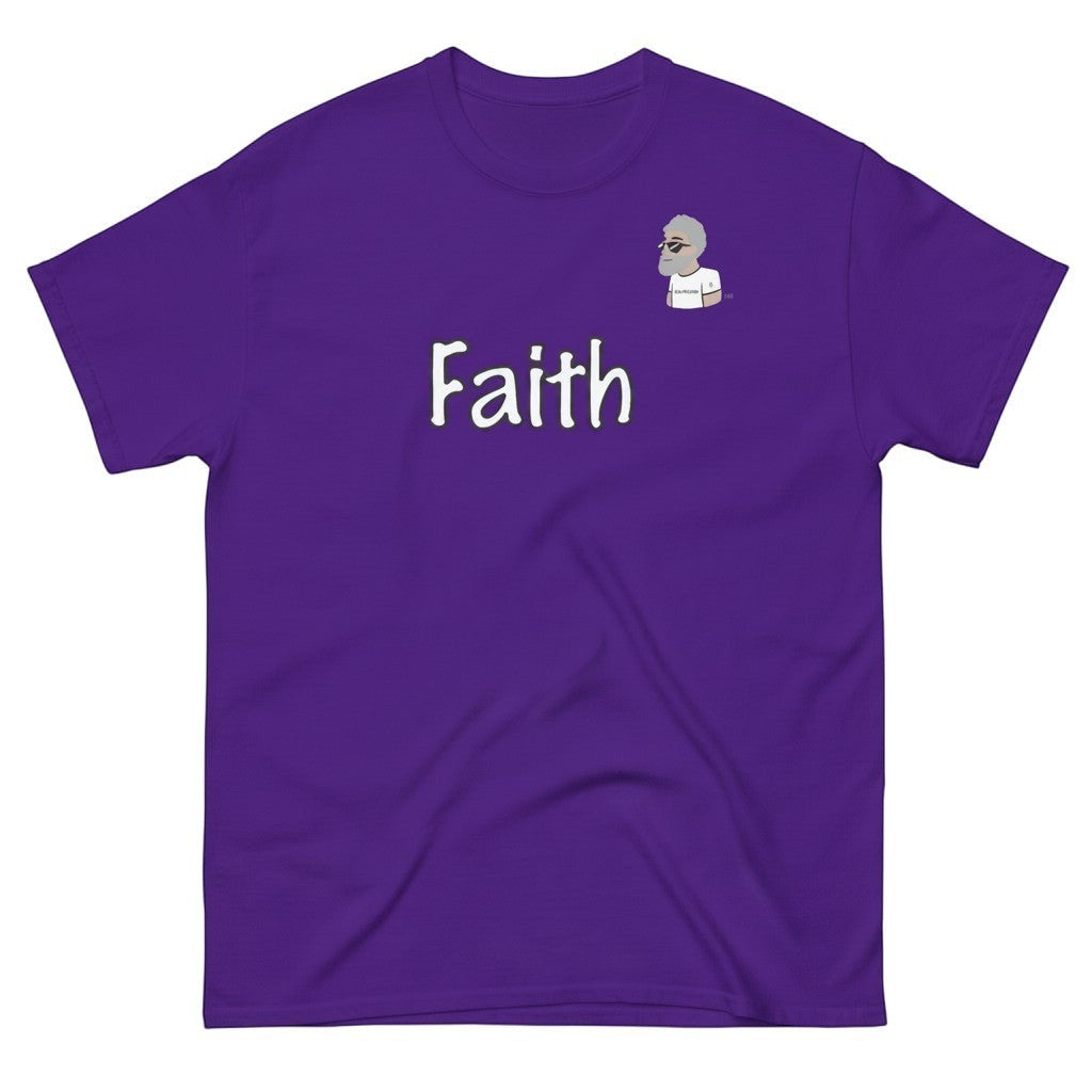 Big Daddy Allen Productions purple cotton t-shirt with white "Faith" graphic and BDA logo.