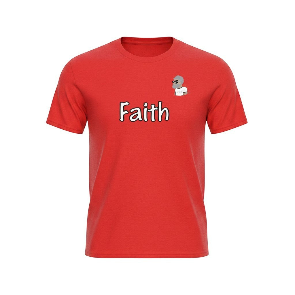 Big Daddy Allen Productions red cotton t-shirt with "Faith" graphic and BDA logo on chest.