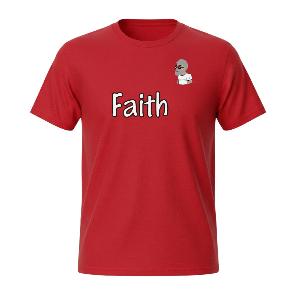 Big Daddy Allen Productions red cotton t-shirt with "Faith" graphic and BDA logo on chest.