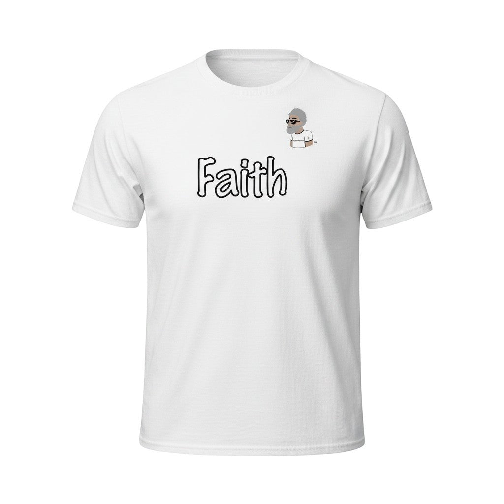 White cotton t-shirt with bold black outlined "Faith" graphic and a small cartoon man with sunglasses and beard. Big Daddy Allen Productions.