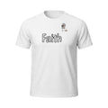 White cotton t-shirt with bold black outlined "Faith" graphic and a small cartoon man with sunglasses and beard. Big Daddy Allen Productions.