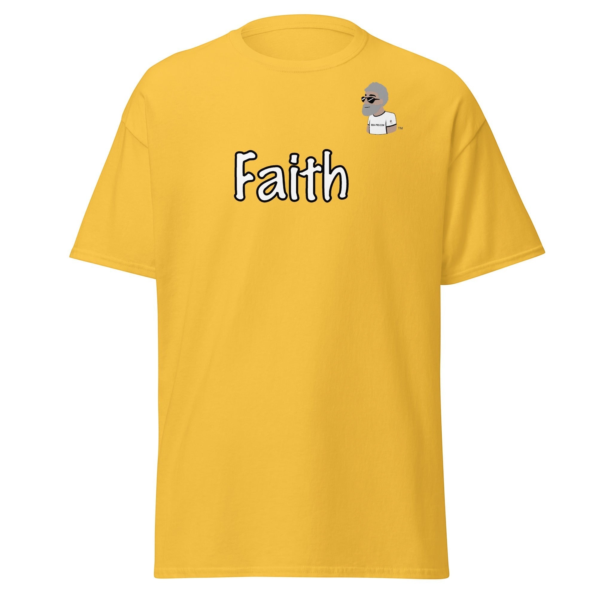 Big Daddy Allen Productions yellow cotton t-shirt with "Faith" graphic and BDA logo on chest.