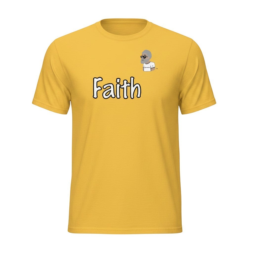 Big Daddy Allen Productions yellow cotton t-shirt with "Faith" graphic and BDA logo.