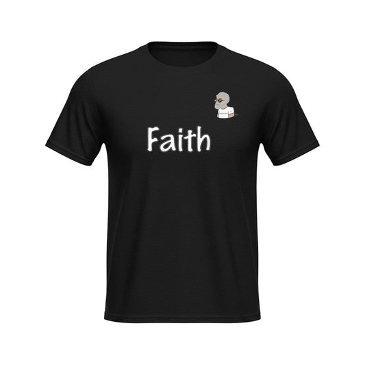 Big Daddy Allen Productions black cotton t-shirt with "Faith" graphic and BDA logo.