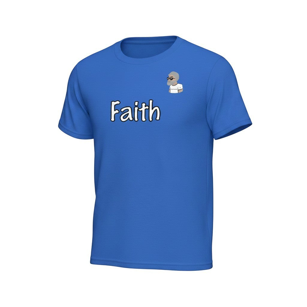 Big Daddy Allen Productions blue cotton t-shirt with "Faith" graphic and BDA logo. Comfortable and durable for kids.